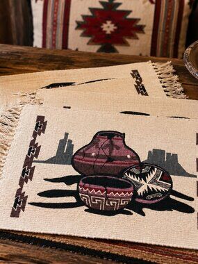 El Paso Saddle Blanket Co native American pottery placemats set of 4 fringe